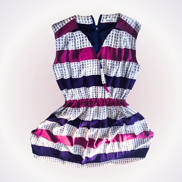 Vintage Asian Writing Striped V-Neck Mini Dress | Sz M - Picture 1 of 7